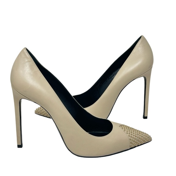 Saint Laurent Paris Beige Leather Gold Studded Cap Toe High Heel Stiletto Pumps - Picture 3 of 10